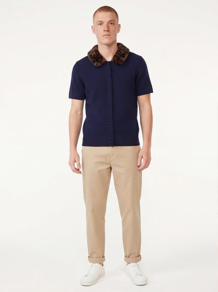 Model wearing Navy Blue animal print collar knitted jacket by Grozavu