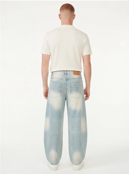 Model wearing Blue curved knife washed cowboy cleanfit by Grozavu