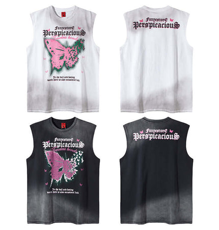 Butterfly Print Tank Top - Loose Fit featuring vintage butterfly design in black and white colorways.