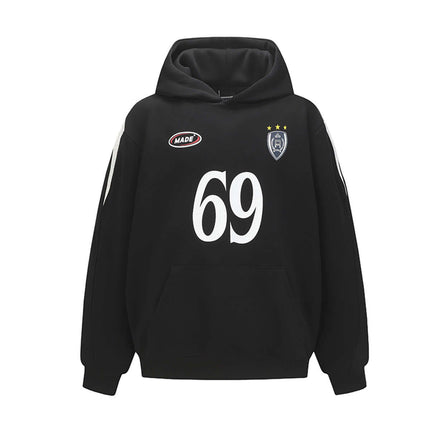 Oversized Hooded Sweatshirt – Loose Fit in black with large 69 logo and front pocket.