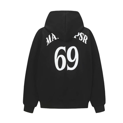 Oversized Hooded Sweatshirt – Loose Fit black pullover with white lettering and number 69 on the back.