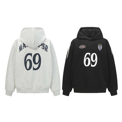 Oversized Hooded Sweatshirt – Loose Fit in white and black with large lettering on the back and front.