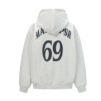 Oversized Hooded Sweatshirt – Loose Fit featuring a classic letter pattern on the back in white flower gray.