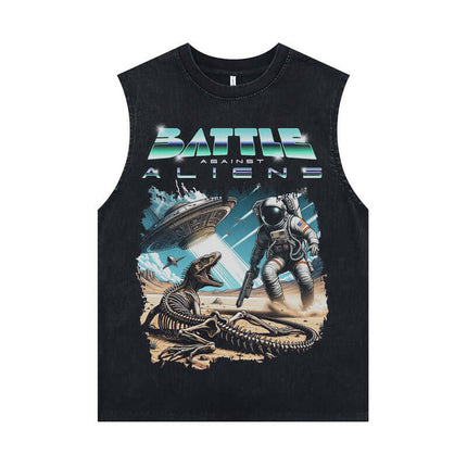 Oversized Printed Sleeveless Tank Top featuring a bold 'Battle Against Aliens' cartoon graphic.