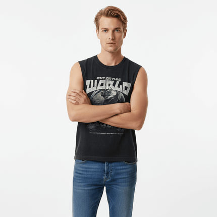 Oversized Printed Sleeveless Tank Top worn by a model with graphic print and blue jeans.
