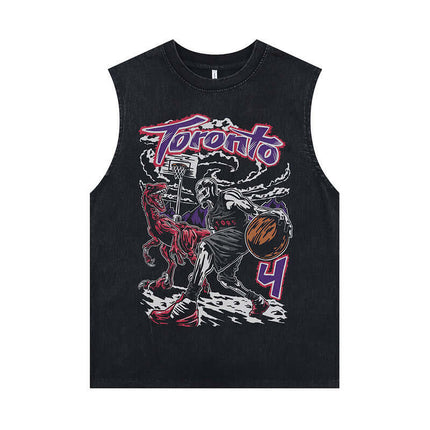 Oversized Printed Sleeveless Tank Top featuring a colorful Toronto cartoon print.
