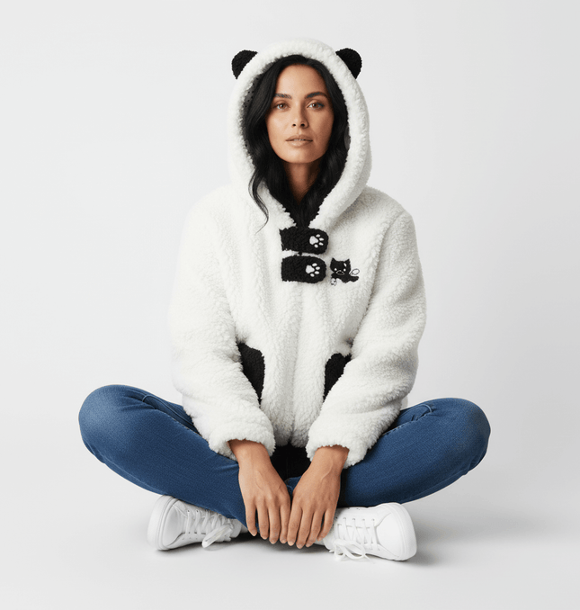 Woman wearing a cute panda hoodie with ears, sitting cross-legged in casual style.