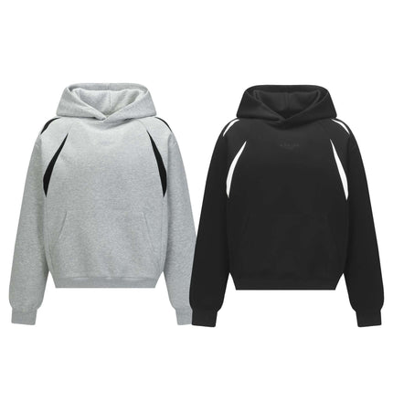 Patchwork Embroidered Hoodie – Loose Fit in gray and black with hooded collar and relaxed fit.