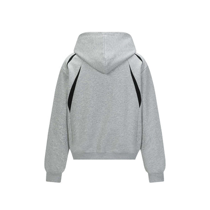 Back view of Patchwork Embroidered Hoodie – Loose Fit in gray fabric with hood and black accents.