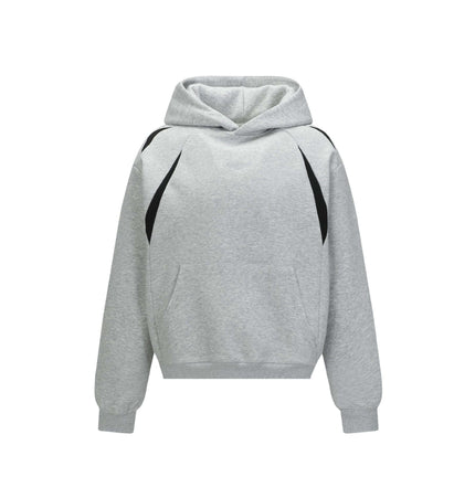 Patchwork Embroidered Hoodie – Loose Fit in gray with black detailing and hooded collar for casual wear.
