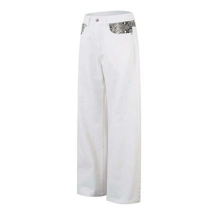 Patchwork Straight Jeans – Loose Fit with snake pattern accents on pockets, showcasing a modern streetwear style.
