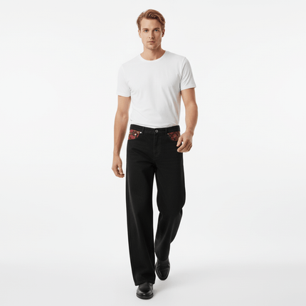 Model wearing Patchwork Straight Jeans – Loose Fit with a white t-shirt, showcasing a stylish look.