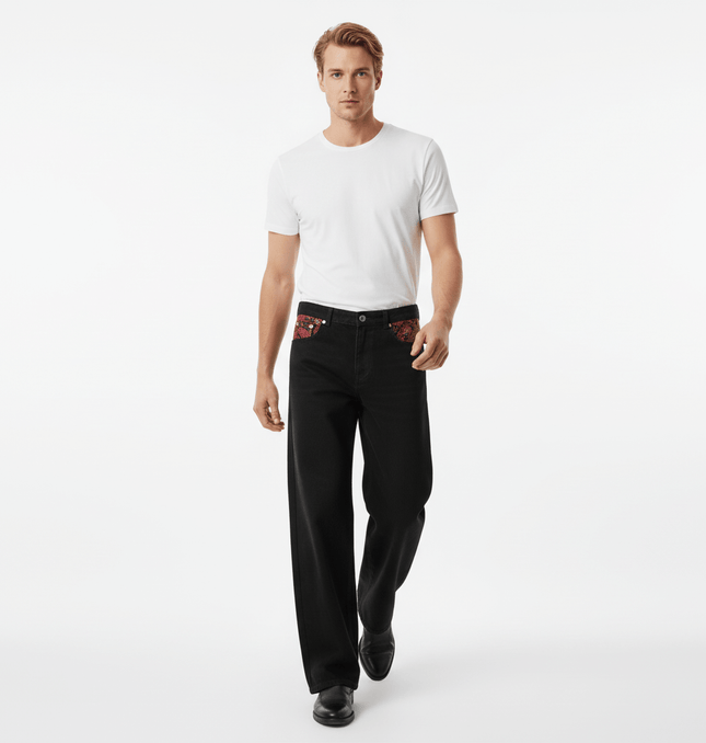 Model wearing Patchwork Straight Jeans – Loose Fit with a white t-shirt, showcasing a stylish look.
