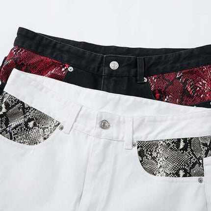 Patchwork Straight Jeans – Loose Fit showcasing unique snake pattern spliced denim pockets in black and white.