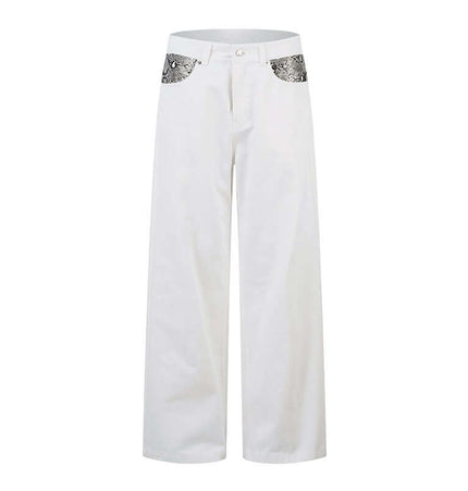 Patchwork Straight Jeans – Loose Fit featuring a striking snake pattern on pockets, perfect for retro streetwear.
