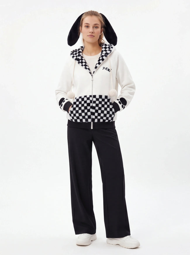 Model wearing White checkered patchwork rabbit ear hoodie by Grozavu