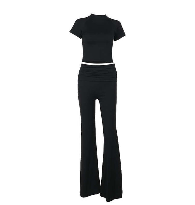 Pleated Short Sleeve Pants Set – Loose Fit in black featuring a pleated top and flared pants, perfect for casual outings.