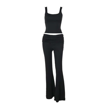 Pleated Vest Two-Piece Set – Loose Fit featuring a sleek black sleeveless vest and pleated pants.