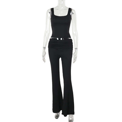 Pleated Vest Two-Piece Set – Loose Fit showcasing a black sleeveless vest top and matching pleated long pants.