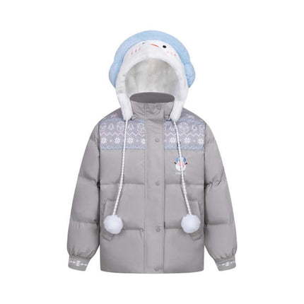 Plush Hooded Cotton Coat featuring adorable snowman hood and cute snowflake design for winter warmth.