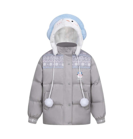 Plush Hooded Cotton Coat featuring adorable snowman hood and cute snowflake design for winter warmth.
