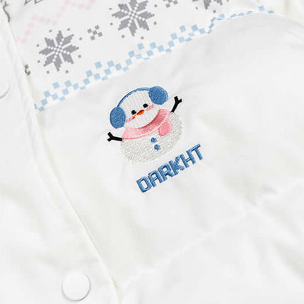 Plush Hooded Cotton Coat featuring a cute snowman embroidery design on a white fabric with snowflakes.