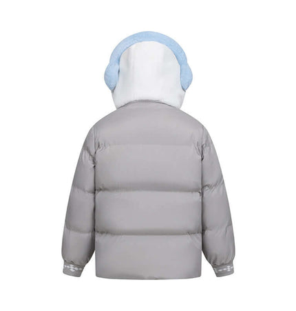 Back view of a Plush Hooded Cotton Coat in gray with a blue hood, showcasing its cozy design.