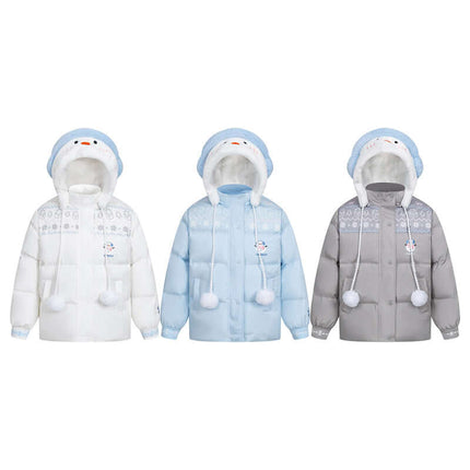 Plush Hooded Cotton Coat in three colors: white, blue, and gray with cute cartoon patterns and plush hood.