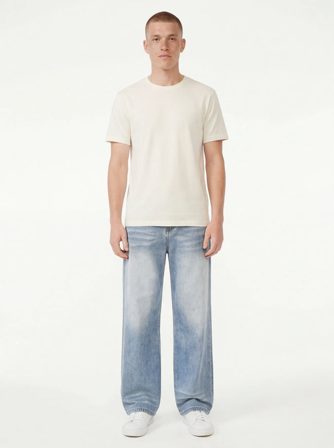 Model wearing Sky Blue denim pants drape long by Grozavu