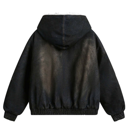 Back view of a Pocket Detail Denim Cotton Jacket showcasing its soft fabric and hoodie design.