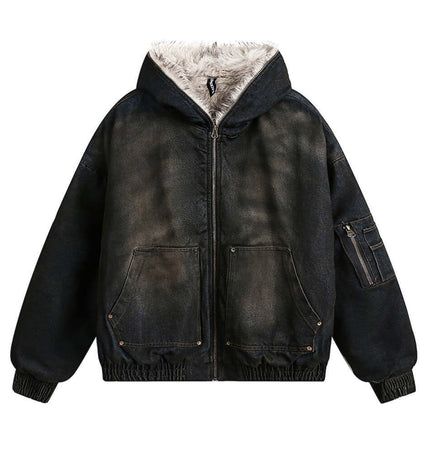 Pocket Detail Denim Cotton Jacket with hood and fur lining, showcasing a minimalist street-style design.