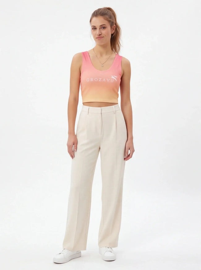 Model wearing boxy crop top by Grozavu