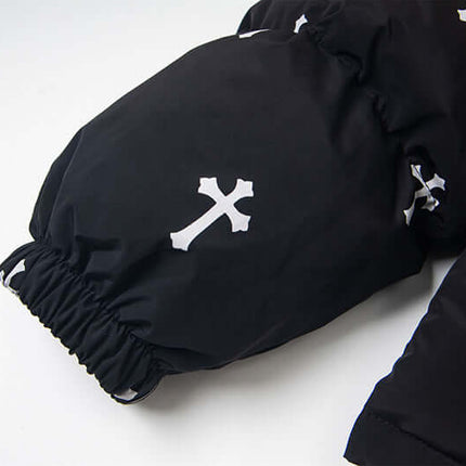 Print Stand Collar Cotton Puffer Jacket featuring bold cross print and elasticized cuffs for women's winter fashion.