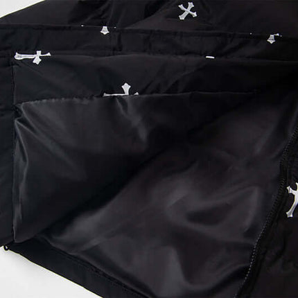 Print Stand Collar Cotton Puffer Jacket interior details showcasing bold print and cotton lining.