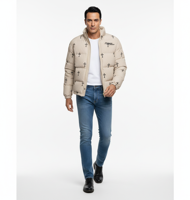 Print Stand Collar Cotton Puffer Jacket