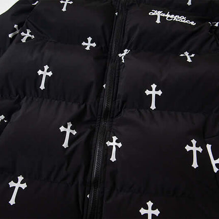 Print Stand Collar Cotton Puffer Jacket featuring a bold cross print design and black puffer style for women.