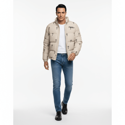 Print Stand Collar Cotton Puffer Jacket for Women, showcasing bold print design and stylish pleated silhouette.