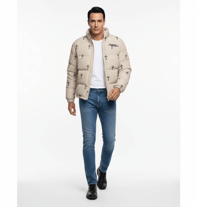 Print Stand Collar Cotton Puffer Jacket for Women, showcasing bold print design and stylish pleated silhouette.