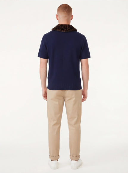 Navy Blue animal print collar knitted jacket with Grozavu logo