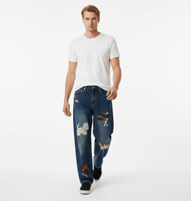 Puppy Embroidered Denim Jeans - Loose Fit modeled by a man in casual outfit with playful puppy patches.