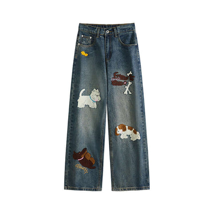 Puppy Embroidered Denim Jeans - Loose Fit featuring playful puppy patches on a relaxed denim silhouette.