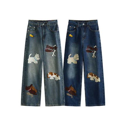 Puppy Embroidered Denim Jeans - Loose Fit featuring playful puppy embroidery and trendy patchwork detailing.
