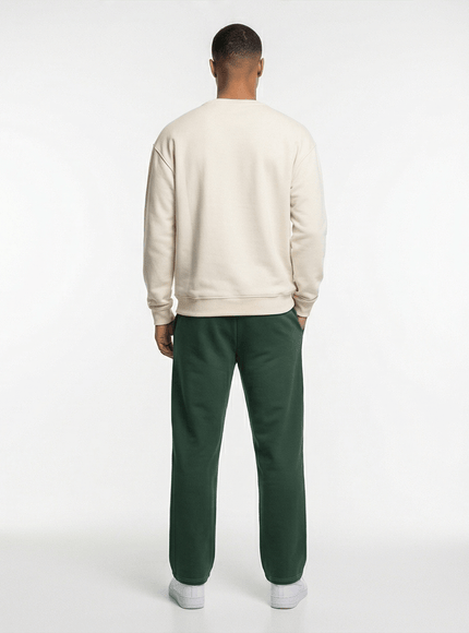 Model wearing wide leg joggers by Grozavu