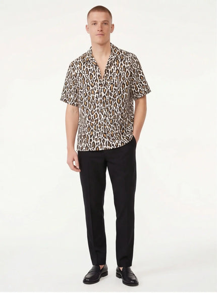 Model wearing Red leopard print classic leopard lapel shirts by Grozavu