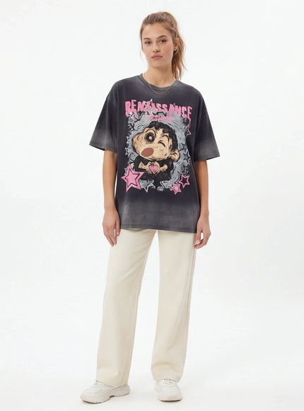 Model wearing Black crayon shin chan printed top by Grozavu