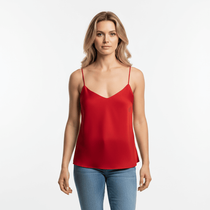 Strapless Camisole Tank Top – Slim Fit in bold red, featuring smooth polyester fabric for a chic and modern look.