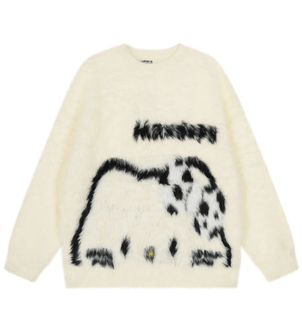 Regular Fit Animal Print Fleece Sweater featuring a bold black and white animal print design on a cozy fleece fabric.