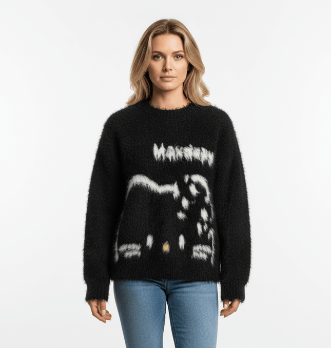 Regular Fit Animal Print Fleece Sweater featuring a trendy black design and cozy texture, perfect for autumn wear.