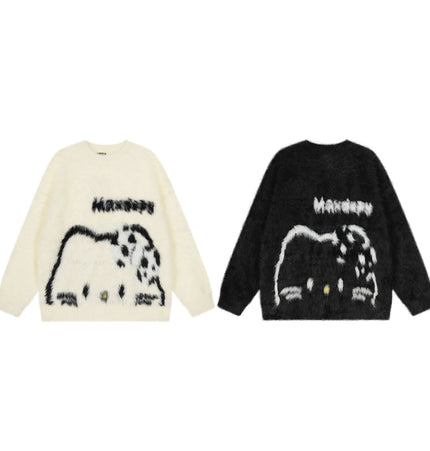 Regular Fit Animal Print Fleece Sweater in white and black featuring a cozy fur texture and playful design.