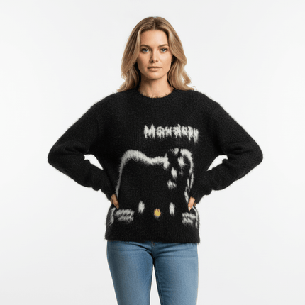 Regular Fit Animal Print Fleece Sweater in black with unique animal print design, worn by a model.